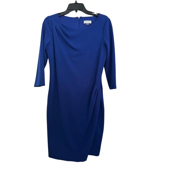 Calvin Klein Women's Blue Asymmetric Crew Neck 3/4 Sleeve Sheath Dress Size 8 - Picture 1 of 9